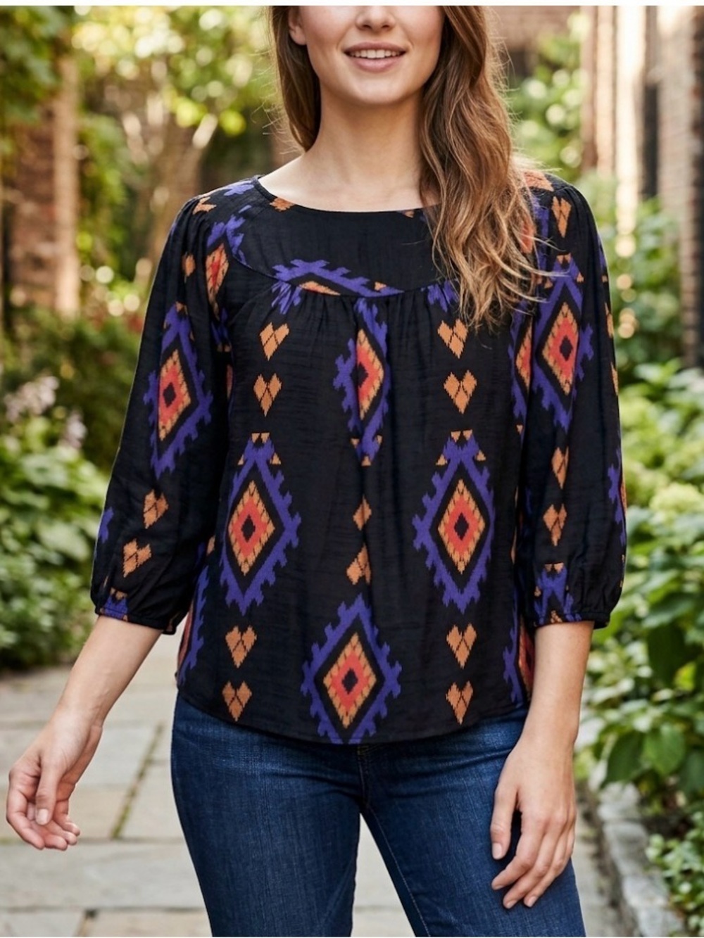Lucky Brand Amelia Geometric Aztec Print Peasant Blouse size medium